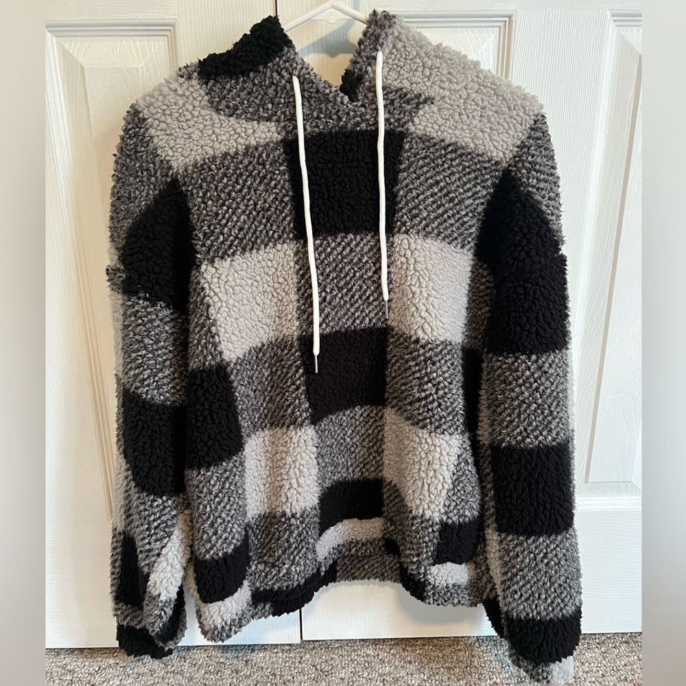 Romwe Womens Small Sherpa Plaid Cotton Hooded Jacket